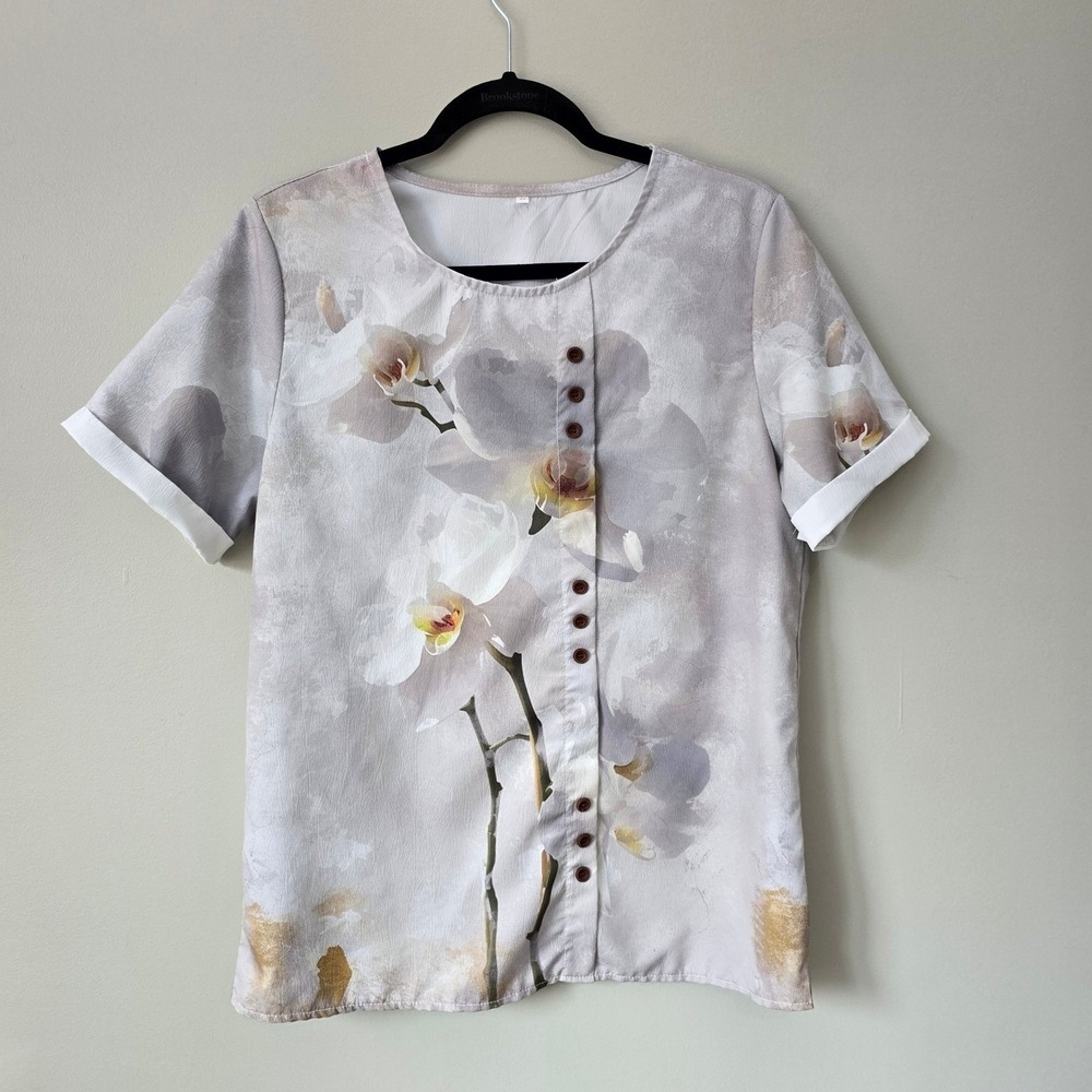 Floral Orchid Print Short Sleeve Blouse Grey White Medium Partial Button Front